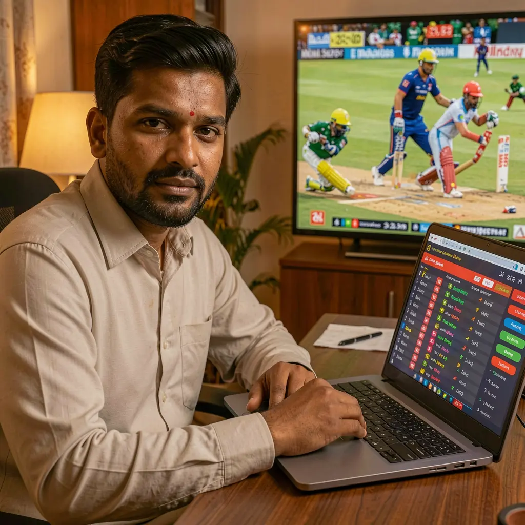 QQ77 – Advanced sports betting platform for smart players in Bangladesh Experienced Bangladeshi sports bettor analyzing live cricket odds on a laptop using QQ77 while watching a match on TV in a warm home setting